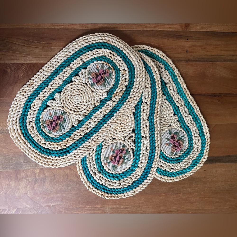 Three Vintage Woven Rattan and Floral Embroidery Double Trivet Placemats 8 x 14